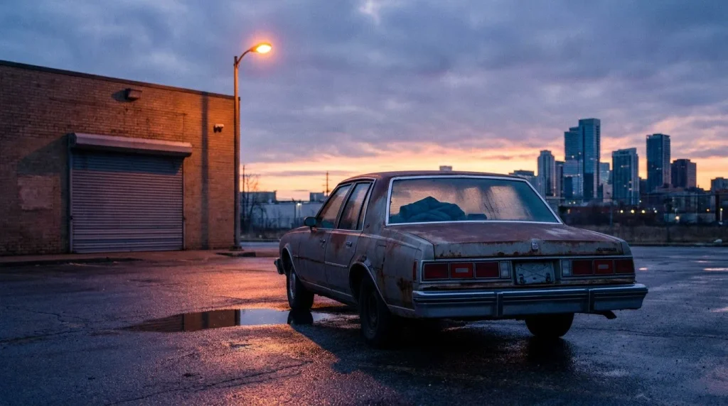 A lone sedan with a fogged rear window parked behind a closed store at dawn, with a city skyline glowing in the distance.