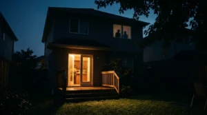 A suburban house at night with warm kitchen light spilling through an open back door onto a wet lawn.