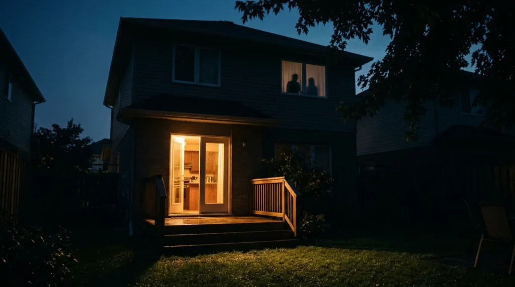 A suburban house at night with warm kitchen light spilling through an open back door onto a wet lawn.