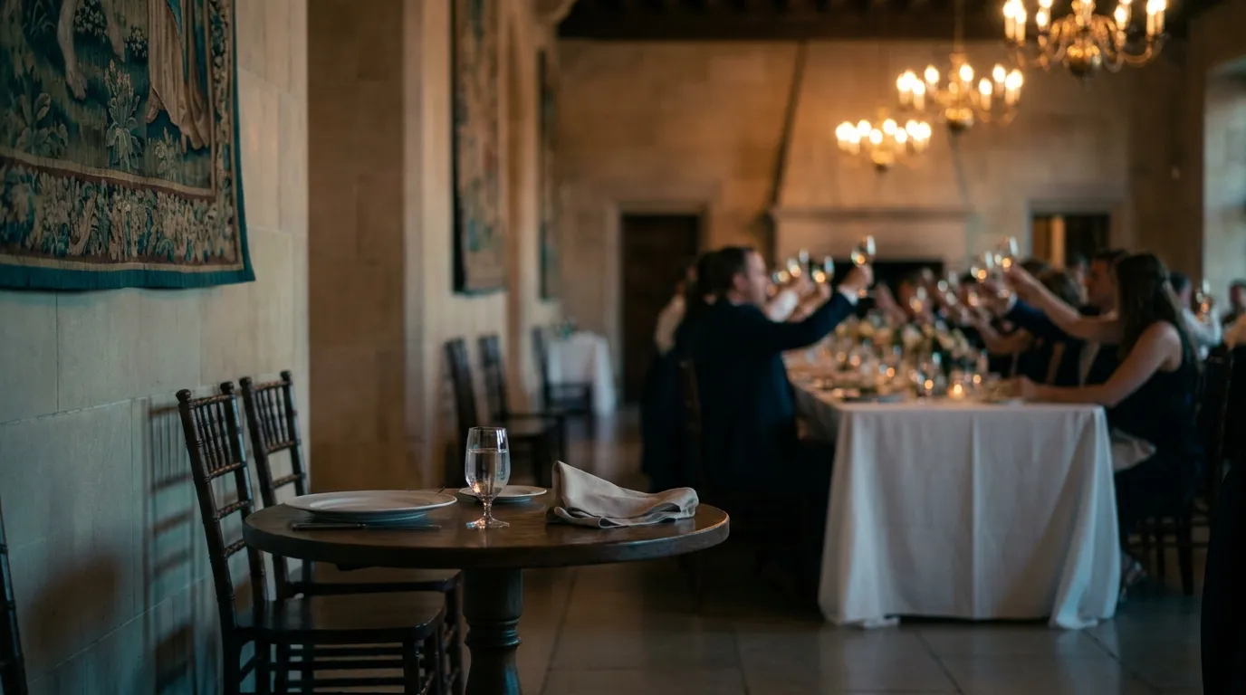 A small table set for one against the wall of a banquet hall, with a larger, brightly lit dining table in the background.