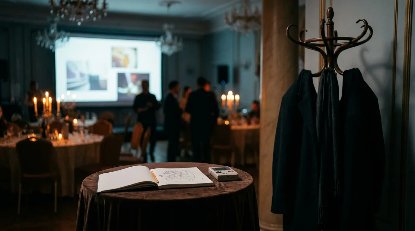 A small back table beside a coat rack in a party hall, with a child’s sketchbook and handheld game console, and a glowing slideshow screen in the distance.