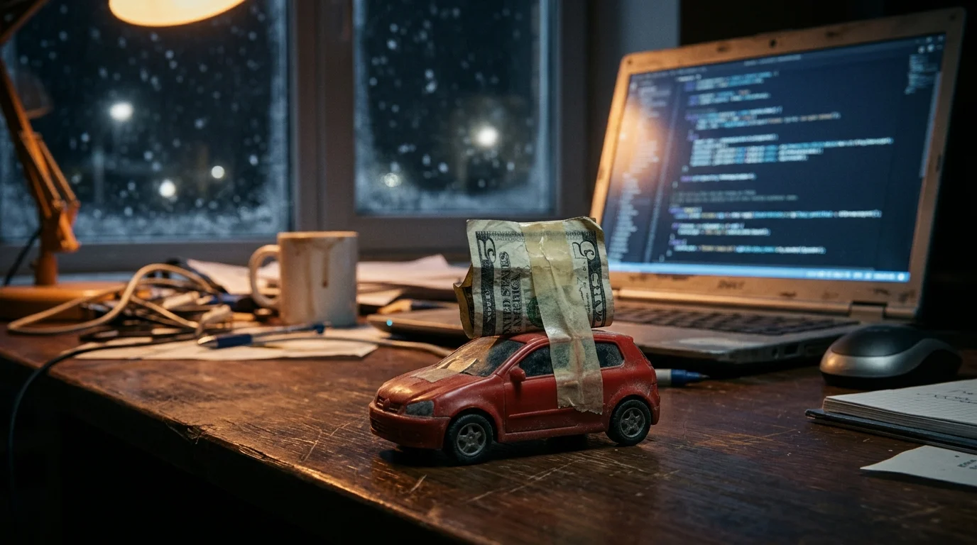 A small toy car with a folded five-dollar bill taped to its roof sits on a desk beside a glowing laptop on a snowy night.