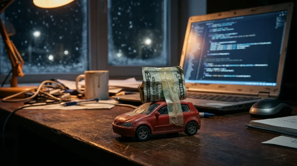 A small toy car with a folded five-dollar bill taped to its roof sits on a desk beside a glowing laptop on a snowy night.