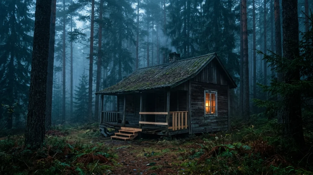  A partially repaired wooden cabin in a pine forest at dusk with warm light glowing from one window.