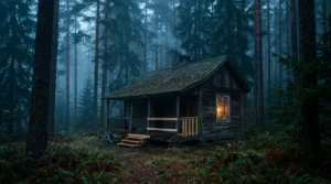 A partially repaired wooden cabin in a pine forest at dusk with warm light glowing from one window.