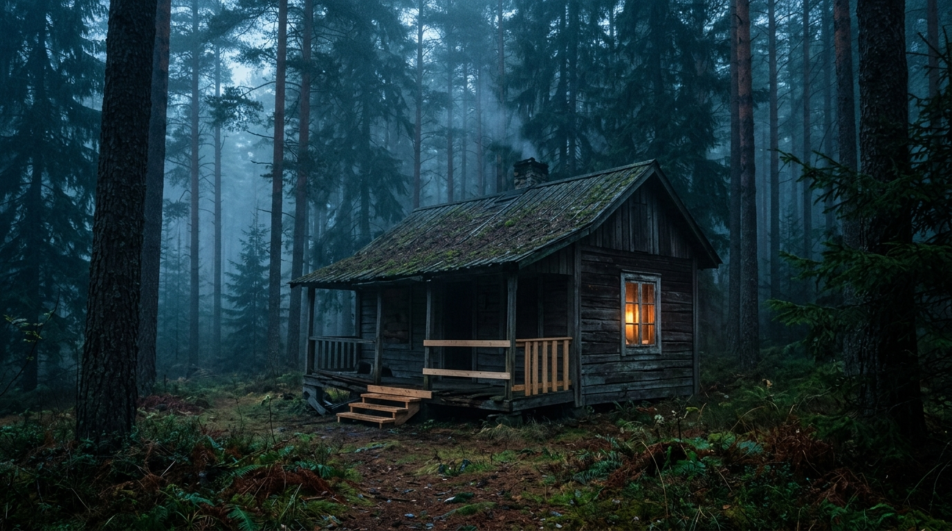 A partially repaired wooden cabin in a pine forest at dusk with warm light glowing from one window.
