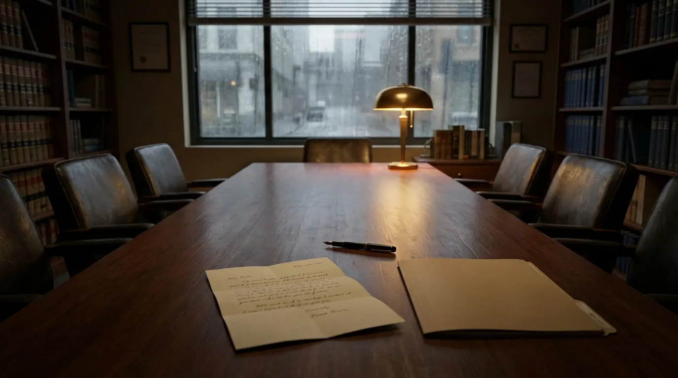 A long wooden table in a small law office with a folded letter, a closed folder and a pen, lit by a lamp beside a rainy window.