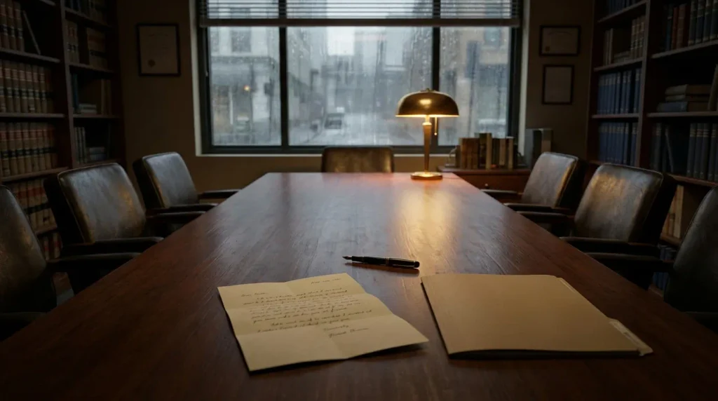 A long wooden table in a small law office with a folded letter, a closed folder and a pen, lit by a lamp beside a rainy window.