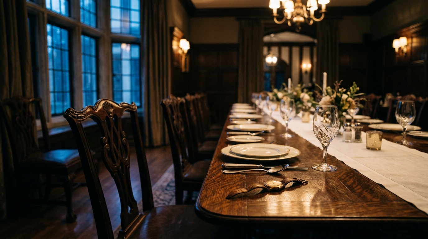 Vintage gold wristwatch on an elegant restaurant dining table beside an empty chair under warm evening lighting
